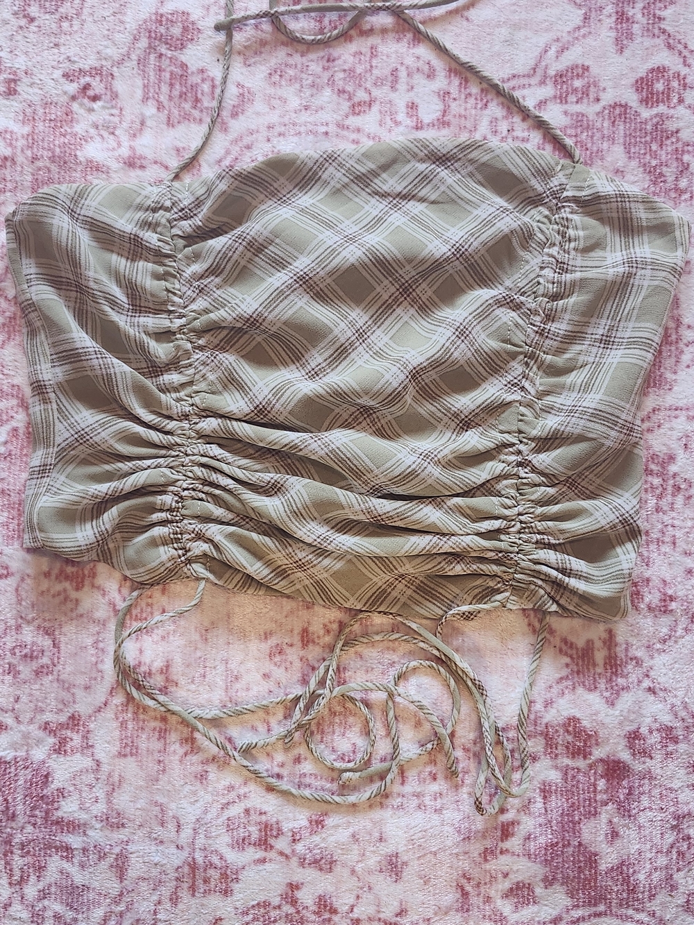 Y2K Festival Le Lis Plaid Ruched Strapless Crop Top - Sage & Cream